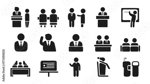 Business Meeting Icons Set. Corporate Communication, Presentation, and Education Silhouettes. Vector Graphics for Management & Training.