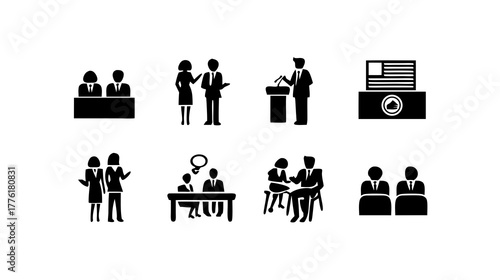 Set of business communication, meeting, political election, and voting vector silhouette icons for corporate presentations and web design.