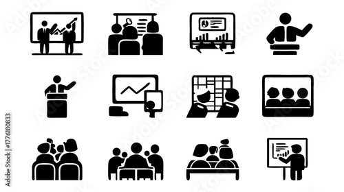 Business Presentation, Meeting, and Conference Vector Icons Set. Education, Public Speaking, Training, and Webinar Glyphs.