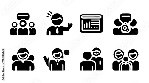 Business teamwork, meeting, presentation, and communication vector glyph icons set. Leadership, collaboration, and office staff concepts.