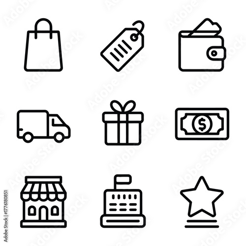 Online shopping icons: shopping bag, tag, wallet, delivery truck, gift, money, store, cash