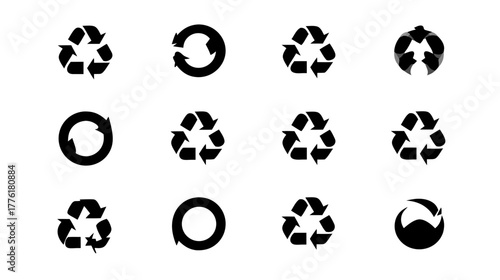 Set of black recycling symbols, refresh icons, and circular arrow graphics. Eco-friendly, sustainability concept on white background.