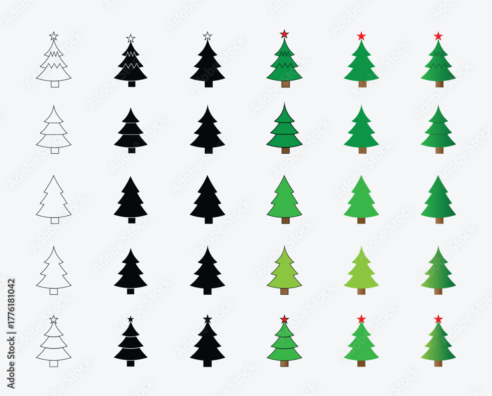Obraz premium A versatile set of Christmas tree icons showing multiple styles flat color, thin-line, gradient fill, negative space and silhouette variations, ideal for holiday designs, greeting cards, UI graphics, 