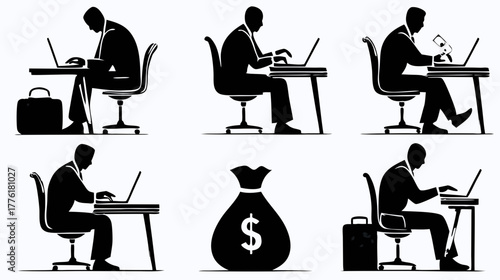 Business people working on laptops, financial success, and online earning concept. Silhouettes of remote work, money, and digital productivity.