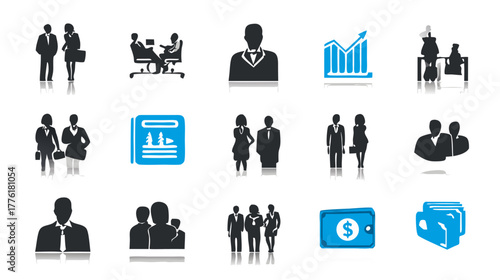 Comprehensive Business and Finance Icons Set: Professional Silhouettes, Teamwork, Growth Charts, and Wallet Symbols
