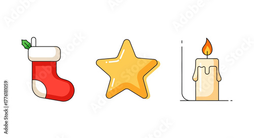 Cartoon of Christmas icons red stocking yellow star and candle with dripping wax