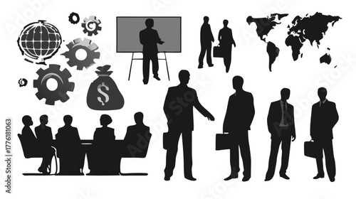 Dynamic collection of business silhouettes featuring corporate professionals, global networking, teamwork, finance, meetings, and strategic industry concepts.