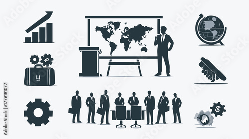 Business and Global Strategy Icon Set with Presentation, Meeting, Growth Charts, Team, and Financial Symbols