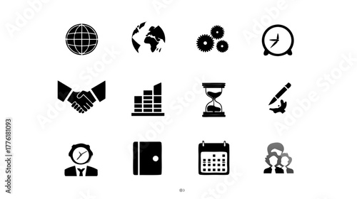 Comprehensive set of black business, finance, time management, global communication, and office vector icons on white background.