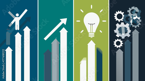 Business growth and success concept with upward arrows, lightbulb, gears, and winning figure illustrating innovation and strategy