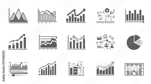 Collection of Business and Financial Data Charts and Graphs Set. Infographic Elements for Analytics, Growth, and Statistics.