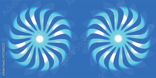 Hypnotic optical illusion featuring two rotating blue and white spiral wheels on a blue background.
