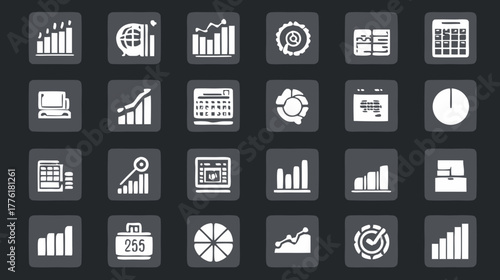 Business and Finance Icons Set for Data Analysis, Charts, Statistics, Growth, and Administration. Modern Vector Collection.