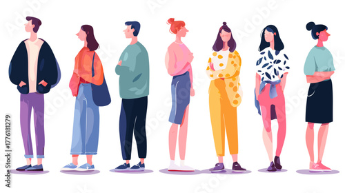 Stylish diverse group of young adults in casual clothes, standing, modern flat design vector illustration