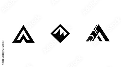 Set of three abstract geometric mountain peak logos in black and white, ideal for modern branding, corporate identity, and adventure-themed designs