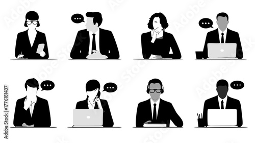 Business Communication Icons Set. Professional People Engaging in Discussion, Online Meetings, and Customer Support. Vector Collection.