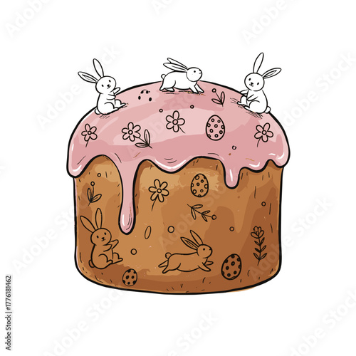 Easter cake with bunny motifs and dusty pink icing, hand-drawn vector