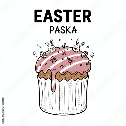 Easter paska bread with dusty pink icing and sugar flowers, vector