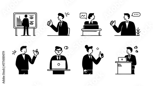 Business People Vector Illustrations Set. Professional Men and Women Working, Presenting, Communicating, and Collaborating in Various Office Roles