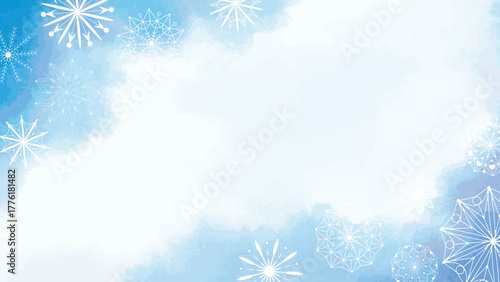 Winter snowy universal horizontal banner. Delicate blue watercolor background with silhouettes of delicate snowflakes and copy space. Vector graphic