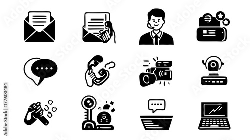 Modern black and white vector icons set for digital communication, business, technology, health, and customer service concepts