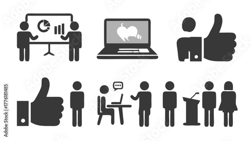 Business communication and technology vector icons set. Presentation, laptop, feedback, meeting, and public speaking illustrations.