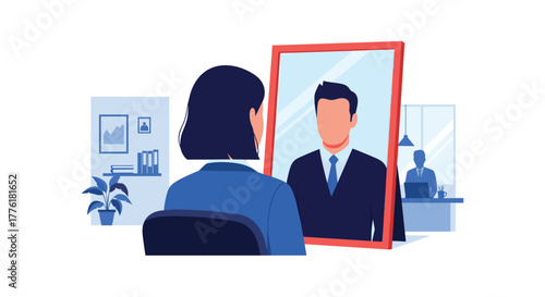 Businesswoman looking into a mirror and seeing the reflection of a businessman, symbolizing gender identity or aspirations.