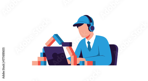 Young developer or designer with headphones building a project with colorful blocks emerging from a laptop screen concept.