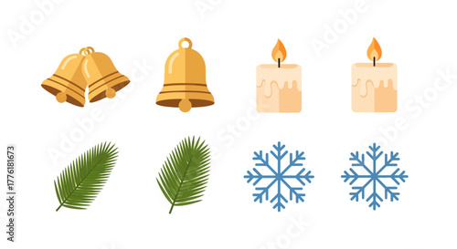 Christmas icons bells candles fir sprigs  snowflakes arranged in two rows on a white background