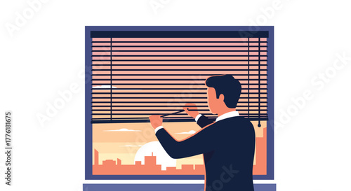 Businessman looking out the office window through the blinds at the city skyline, symbolizing opportunity, vision, and curiosity.