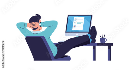 Satisfied employee relaxing with his feet up after successfully completing all tasks on his computer checklist for the day.