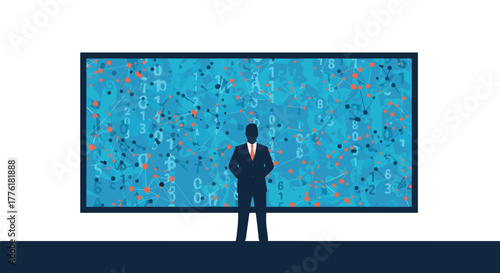Silhouette of a businessman standing before a large screen displaying a complex network of abstract data and binary code.