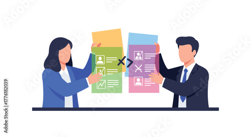 Human resources managers comparing two candidate profiles, one positive and one negative, during the recruitment process.