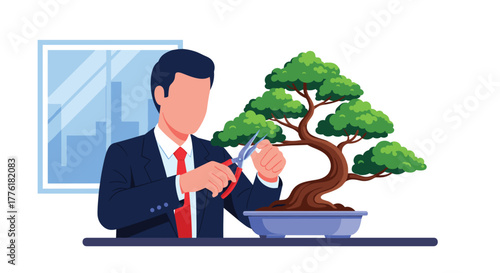 Businessman in a suit carefully trimming a bonsai tree, a metaphor for business growth, patience, precision, and cultivation.