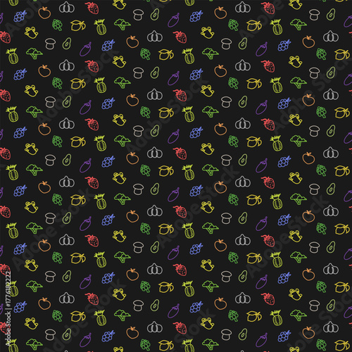 Seamless pattern of colorful line food icons on a black background. Vector illustration featuring fruits, vegetables, and ingredients. Perfect for healthy food design, packaging, and backgrounds