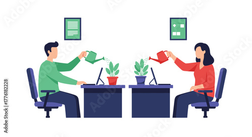 Male and female colleagues nurturing plants at their desks, a metaphor for growing a business, teamwork, and a healthy work environment.