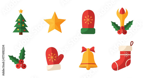 Christmas icons tree stars holly mittens bell  stocking on a white backdrop