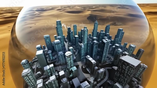 City enclosed in a glass orb, desert landscape