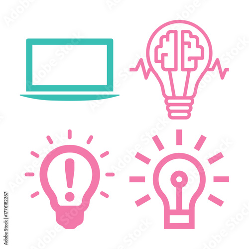 A collection of four icons representing technology, brainpower, and creative ideas, presented in a clean, modern style.
