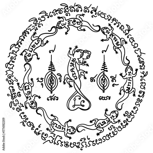 Jing Jok Nopakao Nine-Tailed Gecko Sak Yant tattoo with Khmer script. Thai sacred yantra for wealth and fortune in circular design. 