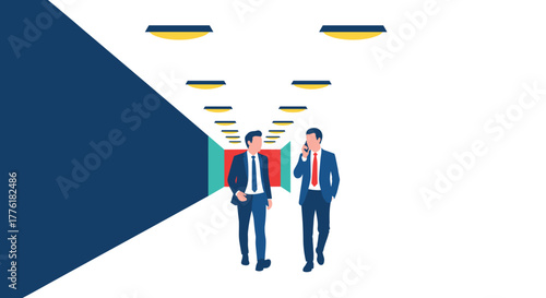 Professional businessmen walking and conversing in a brightly lit office hallway, one taking an important call on his phone.