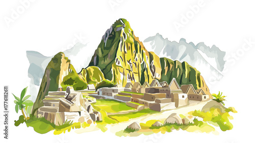 Machu Picchu. Machu Picchu hand drawn watercolor illustration