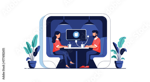 Modern couple on a date in a cafe, sitting in a booth and charging their phones, representing modern relationships.