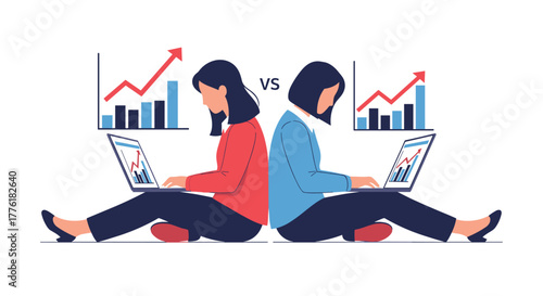 Two businesswomen working back-to-back on laptops, competing or comparing their successful business growth charts.