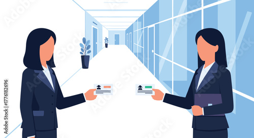 Two businesswomen networking in a modern office hallway, professionally exchanging their business cards to create a connection.