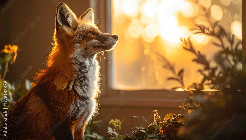 Obraz premium A Red Fox Sits Silently Outside A Window Bathed In Golden Hour Sunlight With Soft Bokeh Background And Out Of Focus Greenery