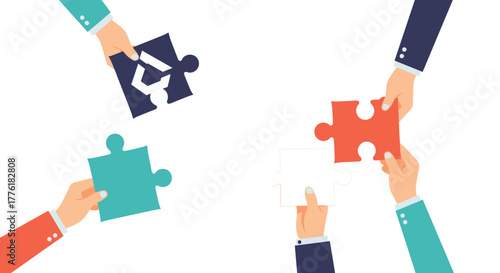 Four diverse hands collaborating to connect puzzle pieces, representing teamwork, strategic partnership, and problem-solving.