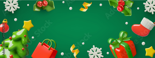 Green Christmas background with 3d holiday decorations layout - tree, gifts, snowflakes. Three dimensional vector illustration.