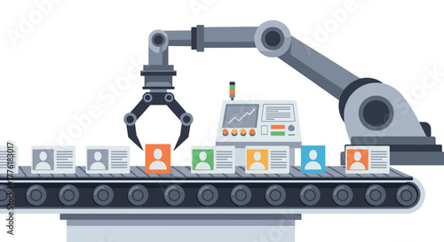 Robotic arm using AI to automate the recruitment process by selecting a candidate profile from a modern conveyor belt.