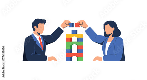 Business colleagues, a man and a woman, collaborating to build a colorful block tower, symbolizing teamwork and growth.